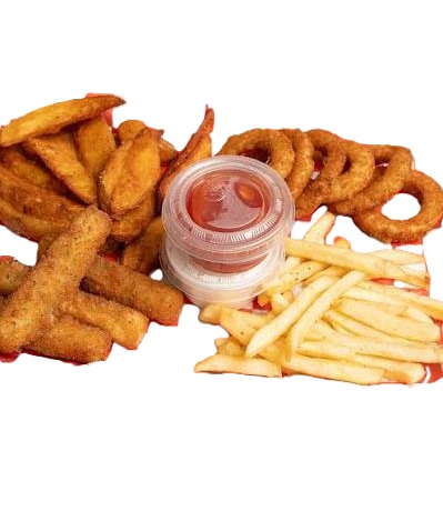 COMBO CRUJIENTE (DEDOS DE QUESO, PAPAS , AROS DE CEBOLLA)
